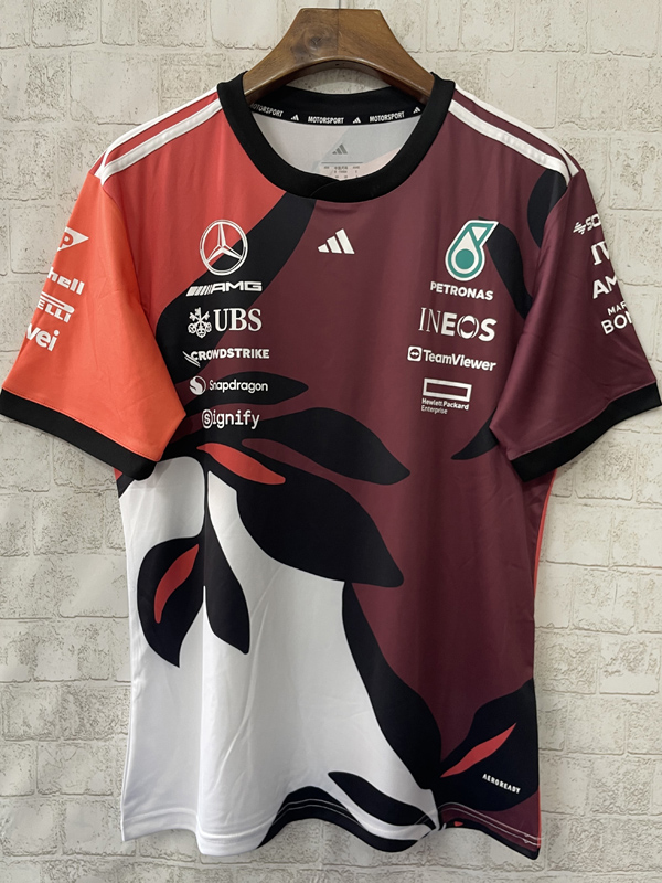 2025 F1 Mercedes Red White T-Shirts Racing Suit(圆领)
